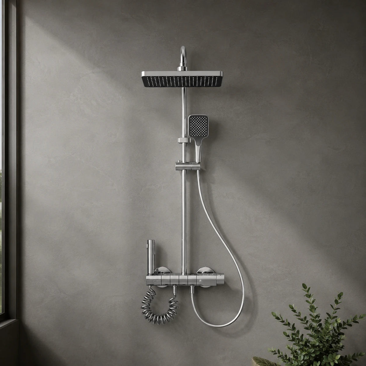 Colonne de douche 4 voies gris brossé en situation salle de bain