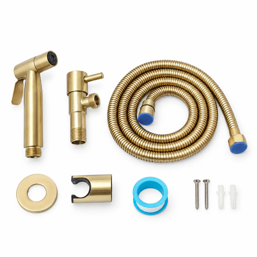 Contenu du coffret de la douchette wc eau froide, kit mural 1 voie en or brossé