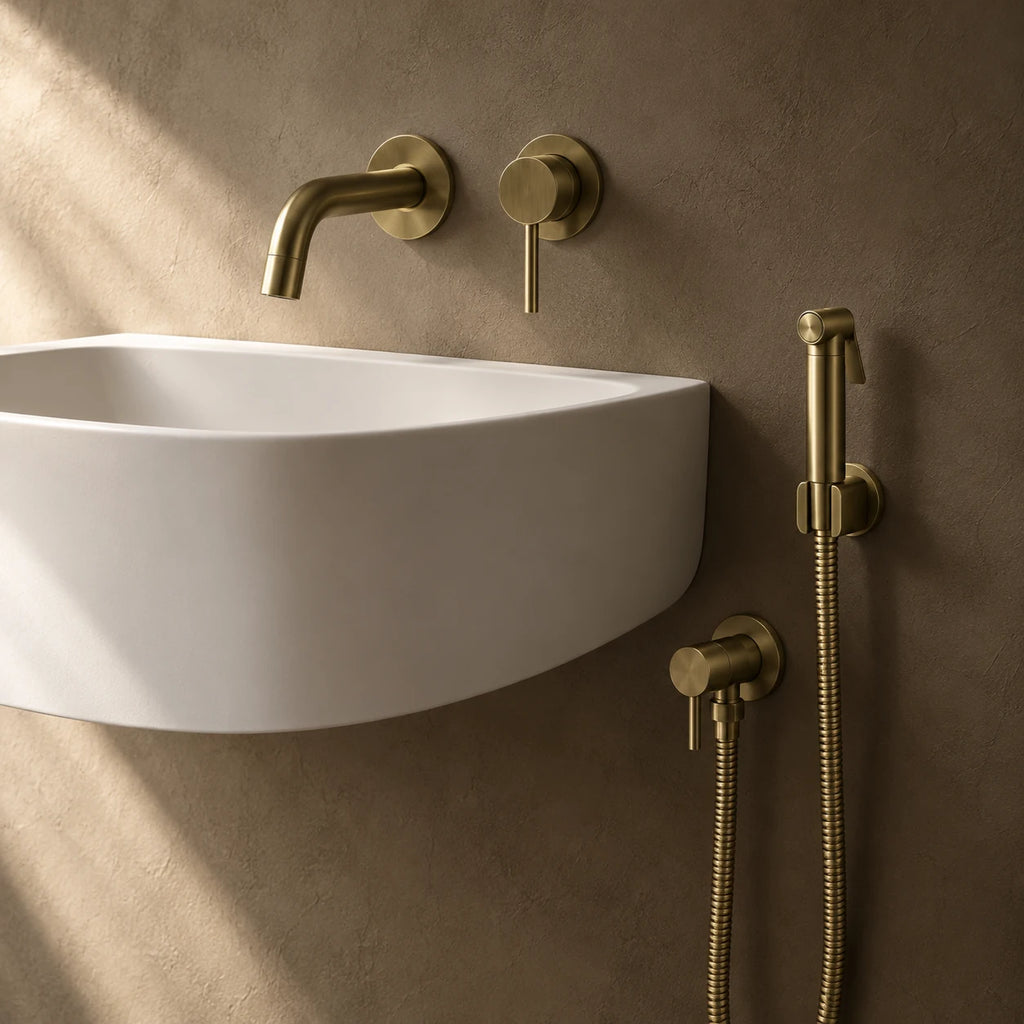 Douchette WC Eau Froide, Kit Mural 1 Voie en or brossé, sous le lavabo