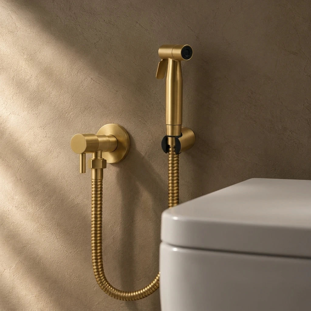 Douchette WC Eau Froide, Kit Mural 1 Voie en or brossé, WC suspendu