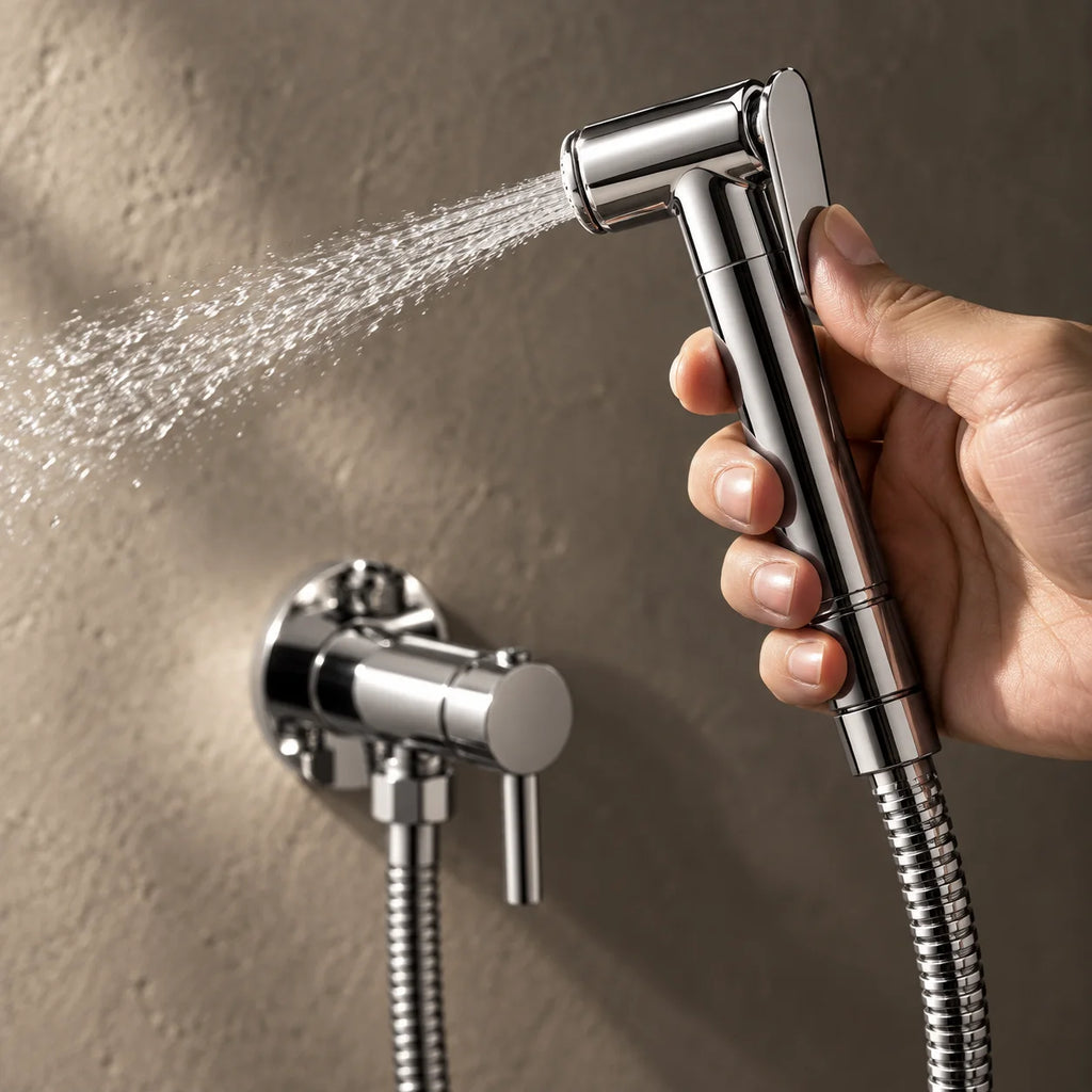Main et jet de la douchette wc mitigeur eau chaude et froide, ronde en chrome