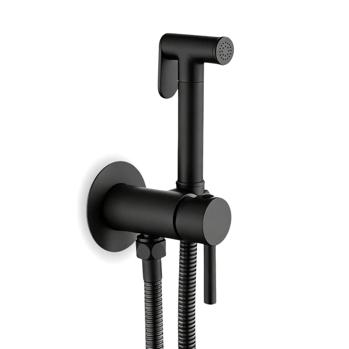 Douchette WC Mitigeur Eau Chaude et Froide, Ronde en noir mat, flexible inox, sur fond blanc