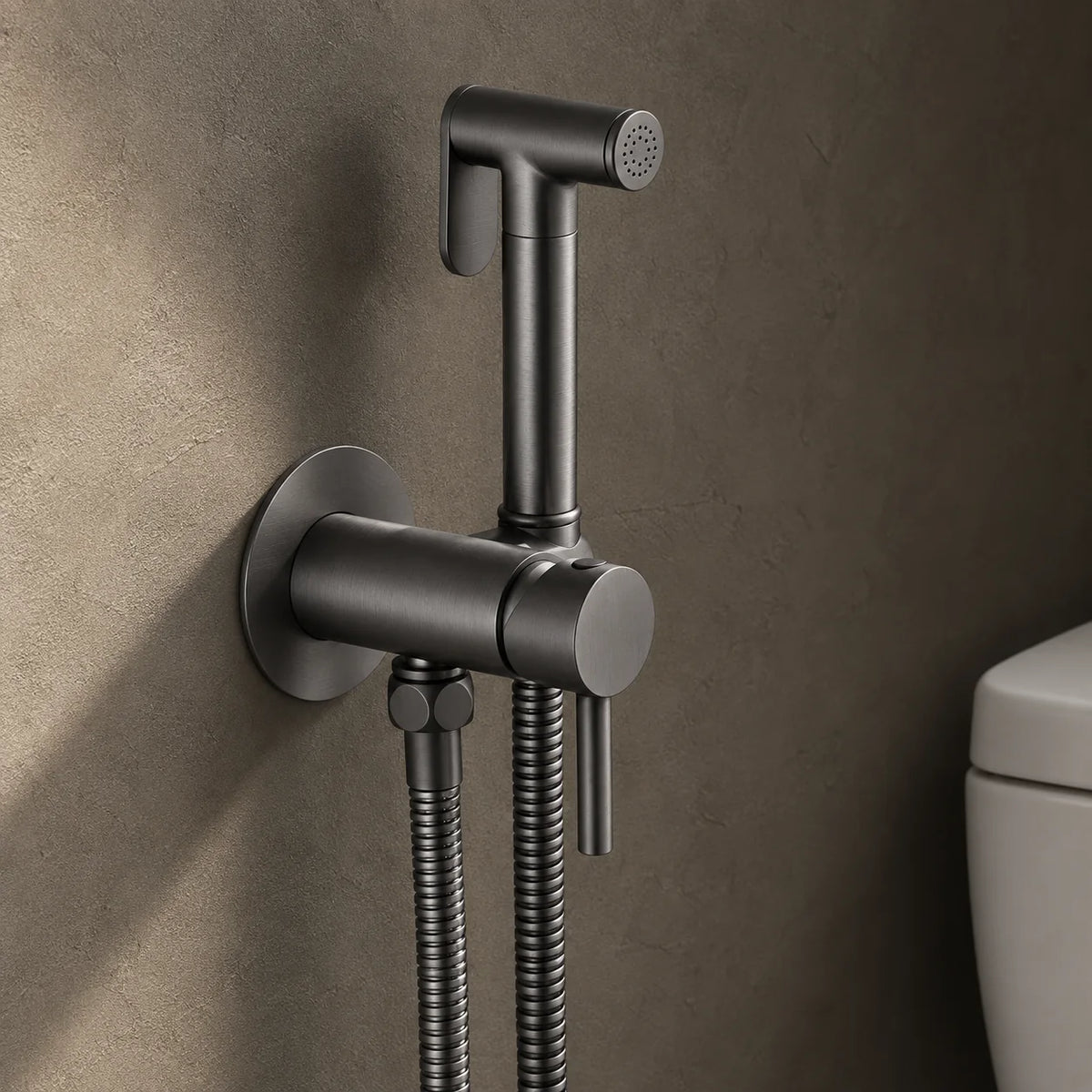 Douchette WC Mitigeur Eau Chaude et Froide, Ronde en gris brossé, installée au mur, à côté des WC