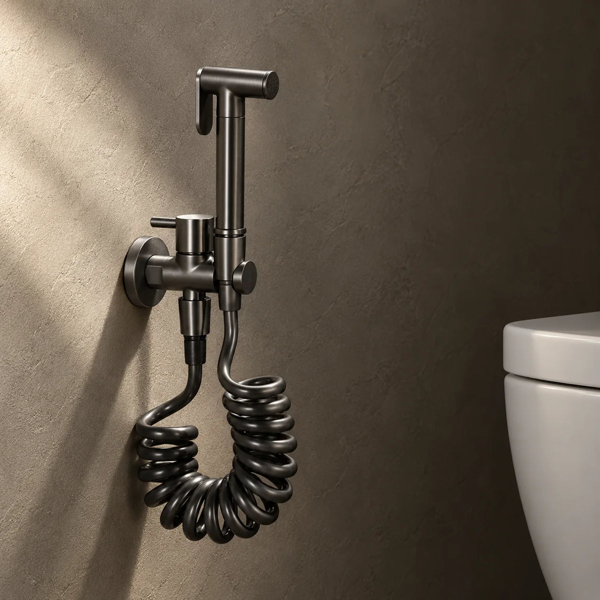 Douchette WC de Rechange et Robinet d'Arrêt en gris brossé, installée au mur, à côté des WC
