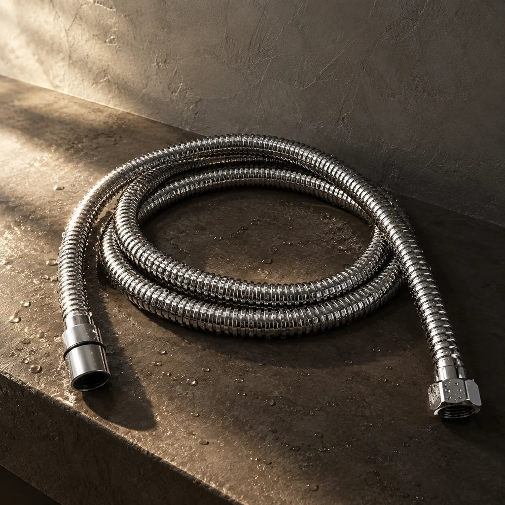 Flexible de Douche Inox, 120 / 150 / 180 cm en chrome, installé sur une tablette de douche