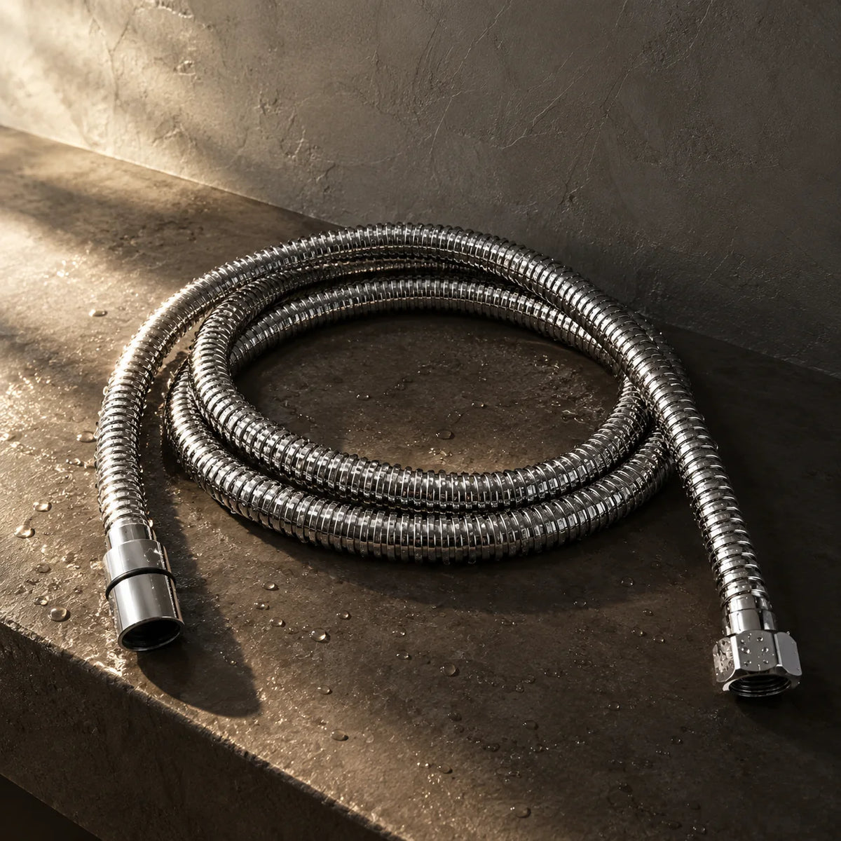 Flexible de Douche Inox, 120 / 150 / 180 cm en chrome, installé sur une tablette de douche