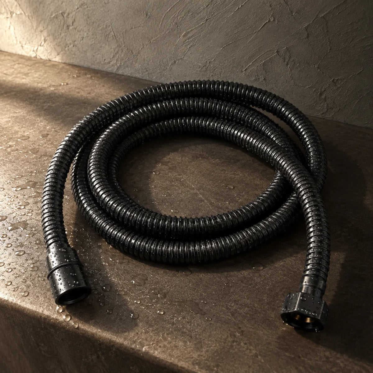 Flexible de Douche Inox, 120 / 150 / 180 cm en noir mat, installé sur une tablette de douche