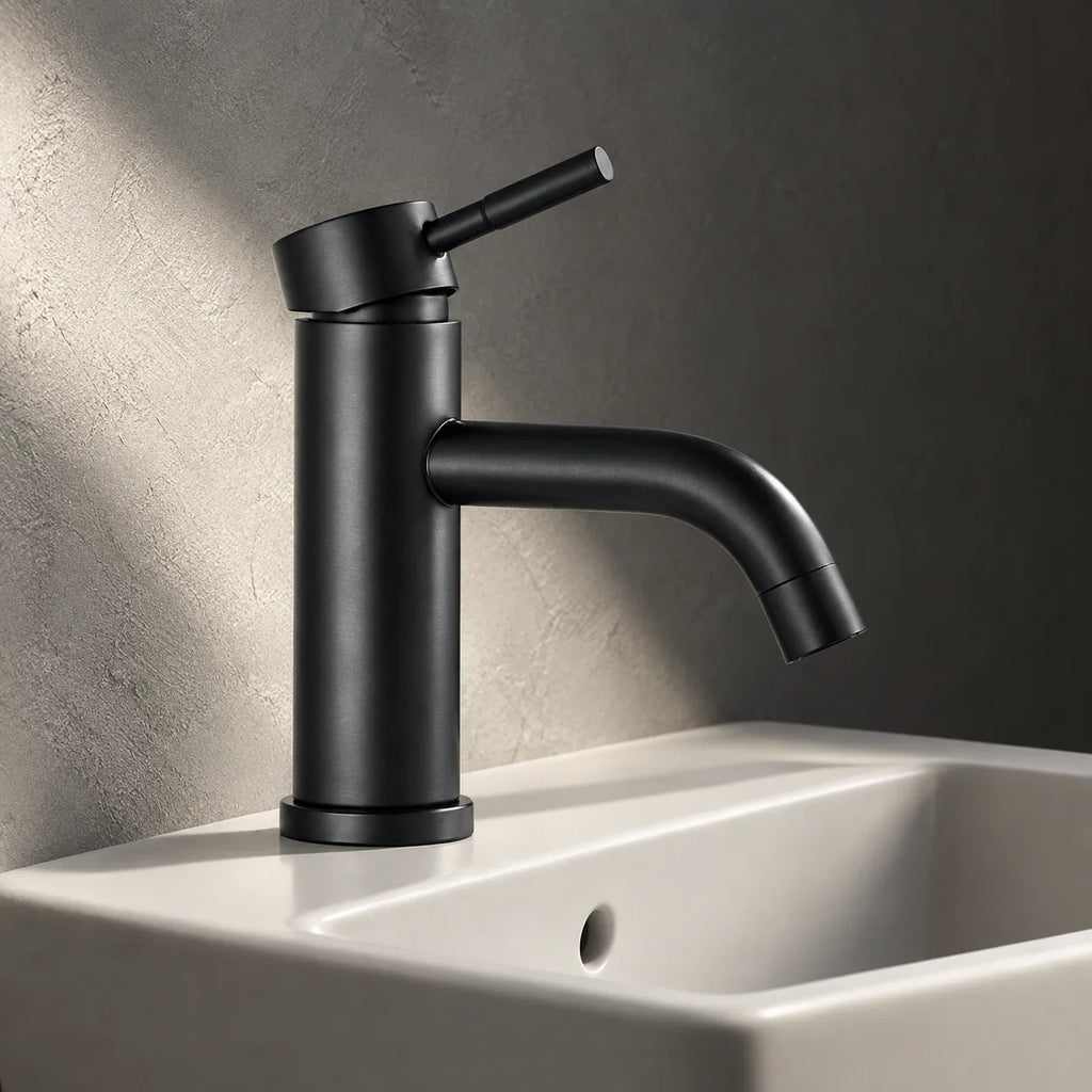 Mitigeur Lavabo Bec Bas, Salle de Bain en noir mat, installé sur un lavabo