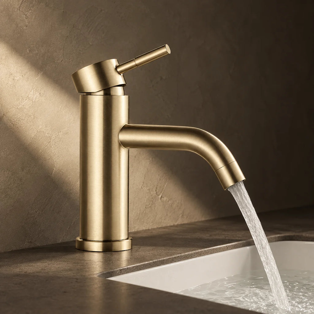 Mitigeur Lavabo Bec Bas, Salle de Bain en or brossé, installé sur un lavabo