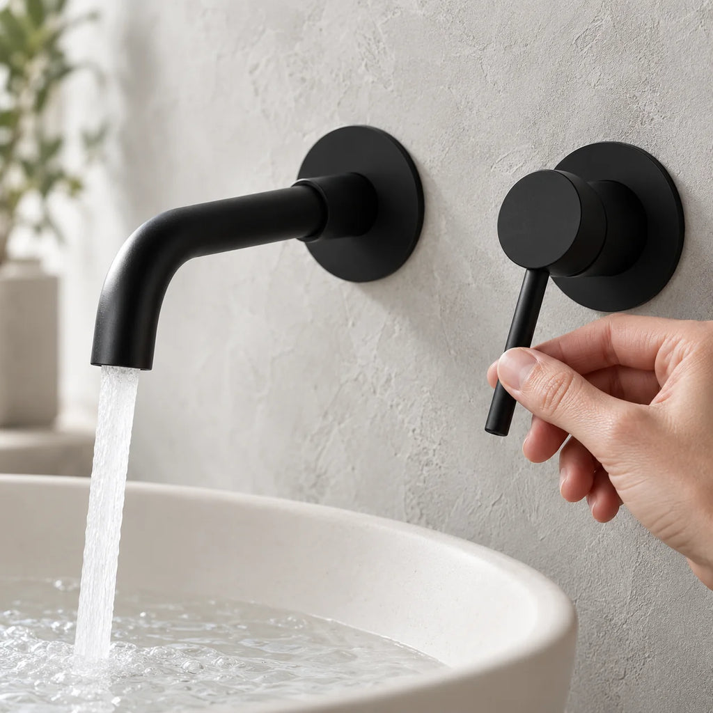 Main sur la manette du mitigeur lavabo encastré mural en noir mat