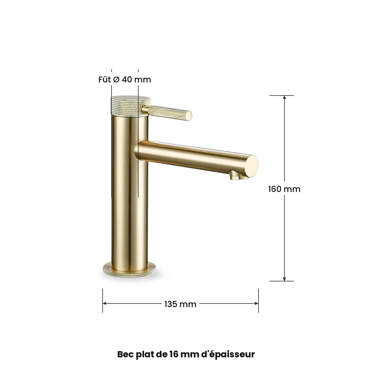 Dimensions du mitigeur lavabo poignée moletée, bec intermédiaire