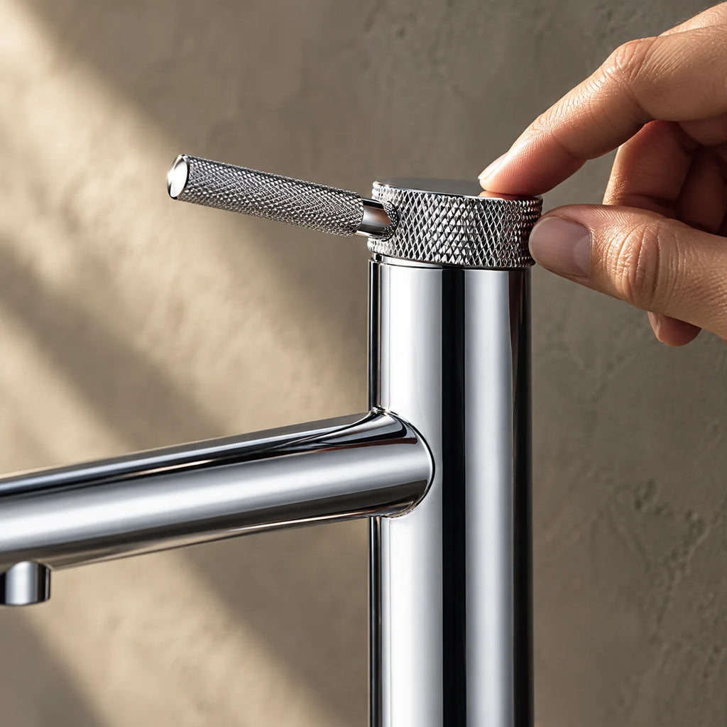 Main sur la poignée du mitigeur lavabo poignée moletée, bec intermédiaire en chrome
