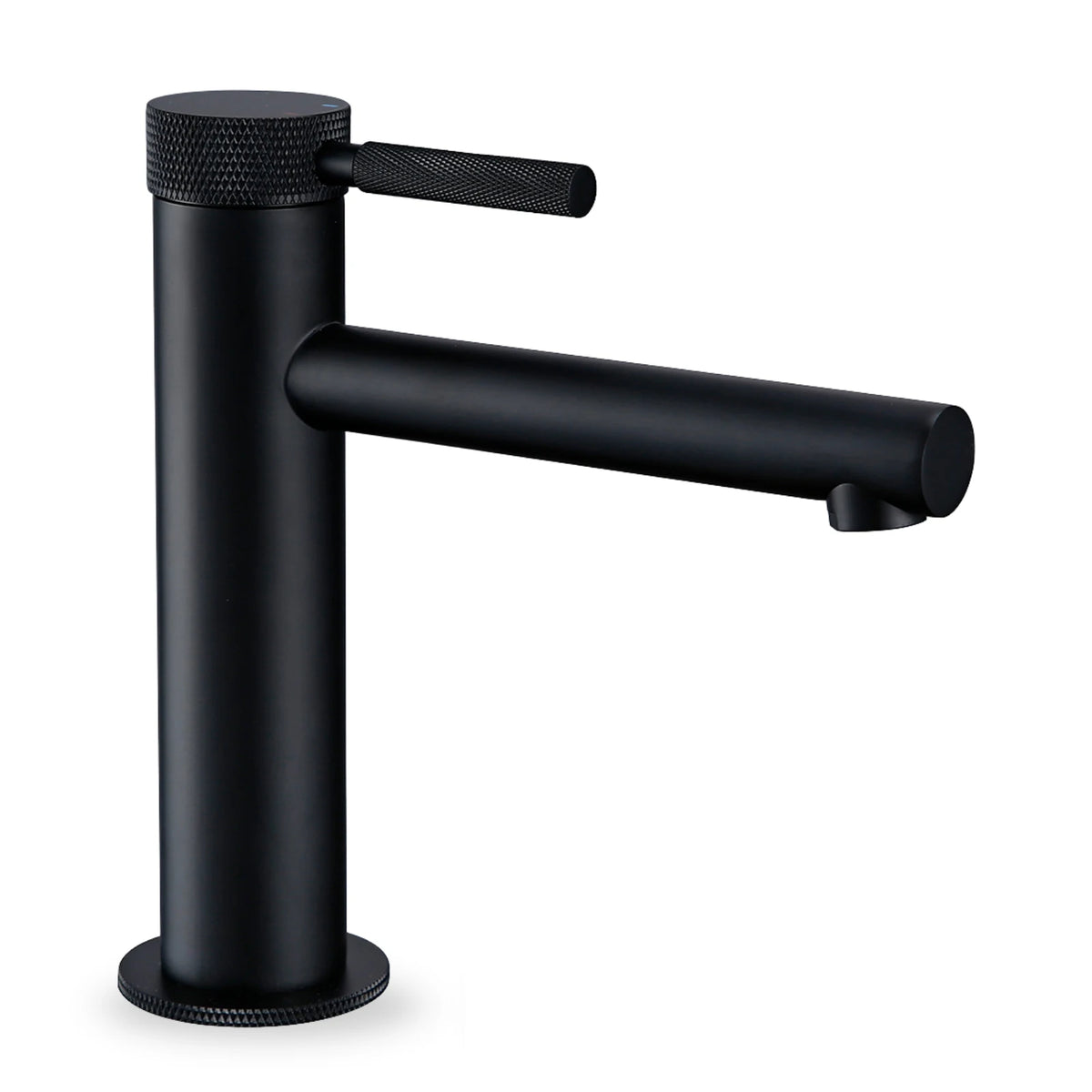 Mitigeur Lavabo Poignée Moletée, Bec Intermédiaire en noir mat, sur fond blanc