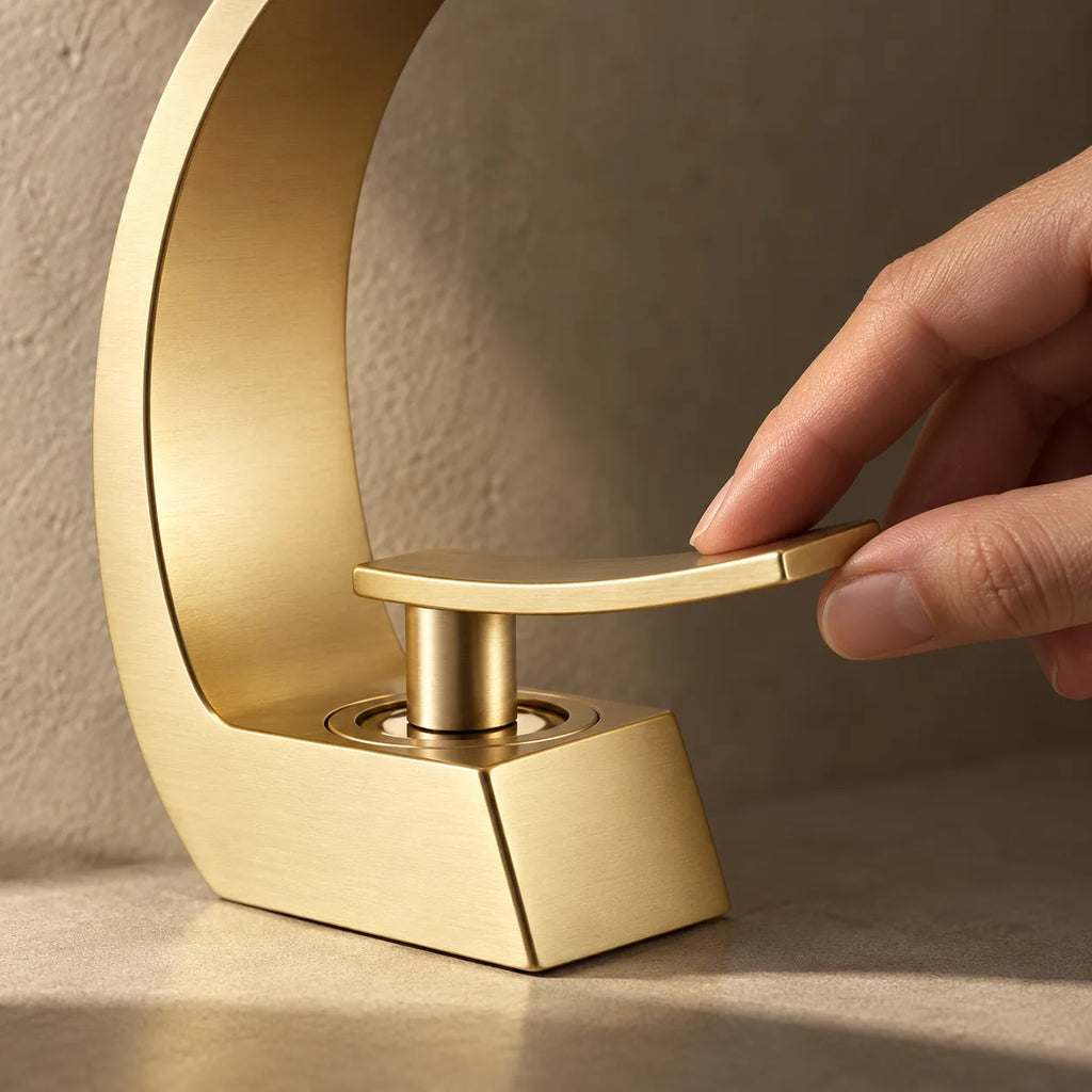 Main sur le levier du robinet lavabo design courbé, laiton massif en or brossé