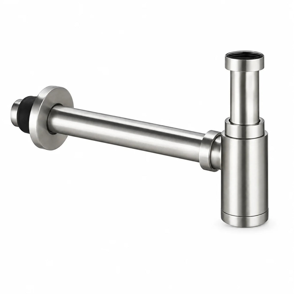 Siphon de Lavabo Design Réglable en Hauteur en nickel brossé, sur fond blanc